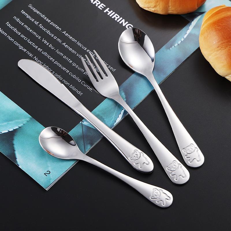 卡通儿童餐具刀叉勺子茶勺套装四件套小熊图案不锈钢餐具可定logo