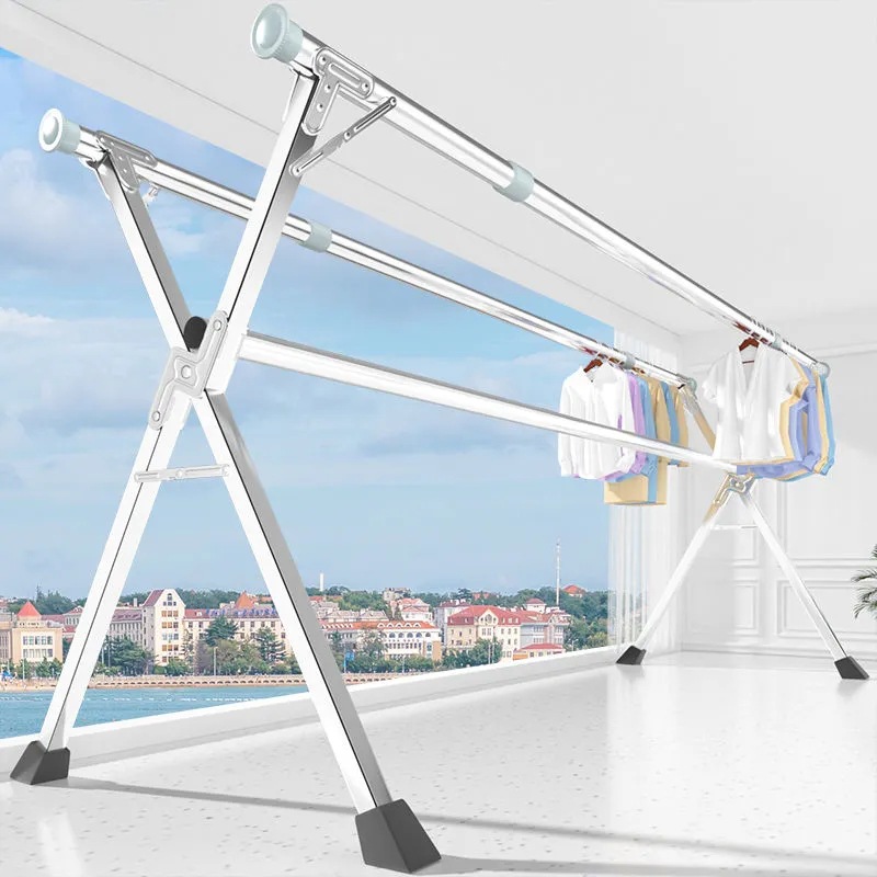 不锈钢晾衣架落地折叠伸缩室内外晒衣架双杆式阳台晾衣杆