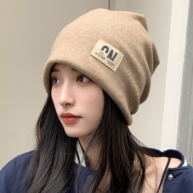 韩版显脸小针织帽 秋冬大头围堆堆帽子纯色孕妇包头护耳月子帽女