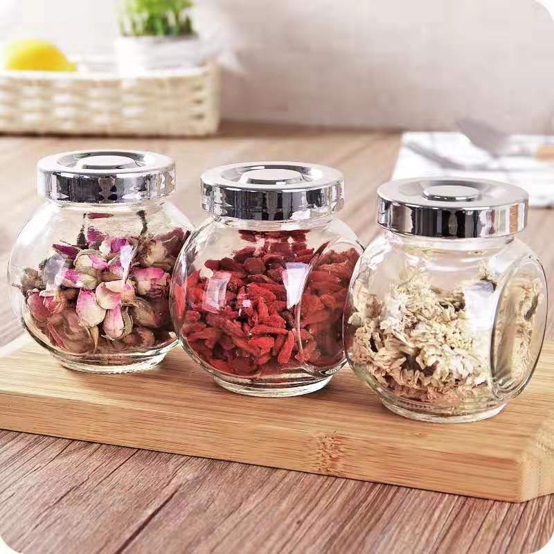 透明加厚扁鼓瓶玻璃罐带盖玻璃糖果罐花茶密封罐180ml厨房调味瓶