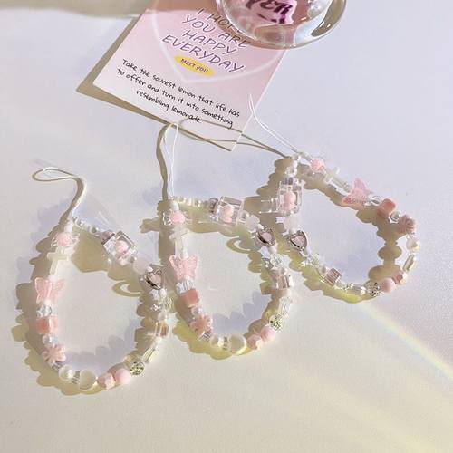 日韩ins蝴蝶花朵方块短款手绳吊坠链通用手机壳ccd相机绳手机挂绳