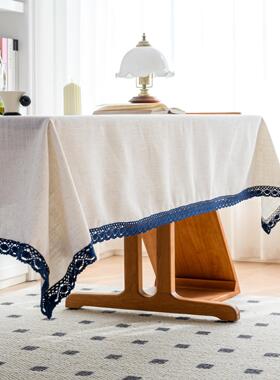 装饰色餐桌布复古蓝色花边黄麻台布白色法国盖布艺定制