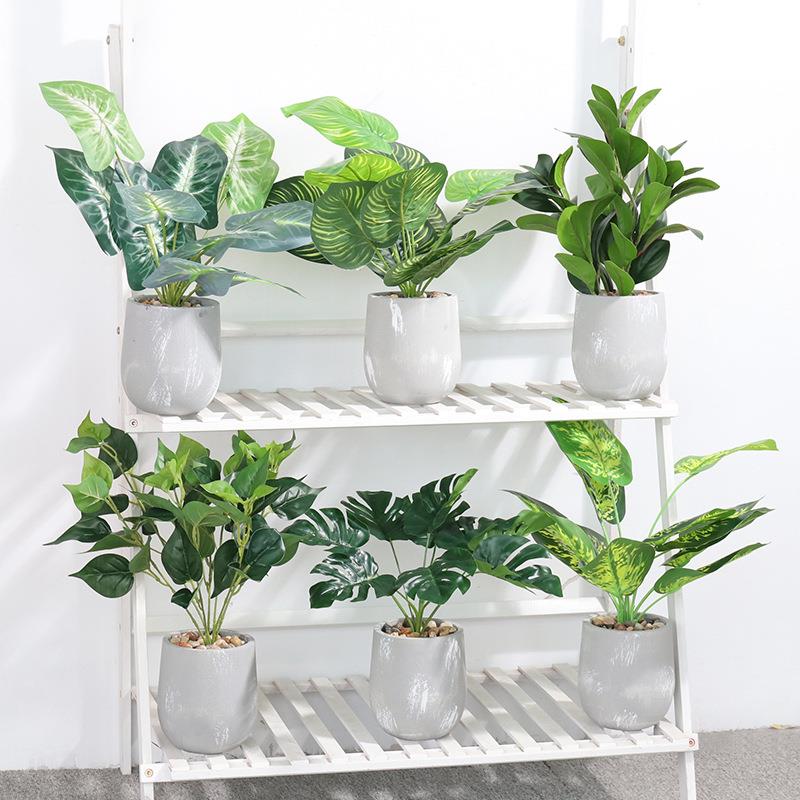 仿真水泥盆绿萝叶龟背叶植物盆栽摆件 创意家居客厅桌面绿植装饰
