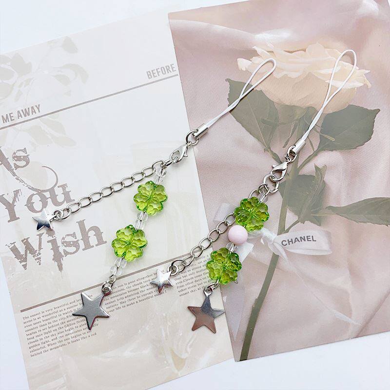 原创小清新绿色幸运五角星串珠手机链咕本链钥匙链少女卡册挂件批