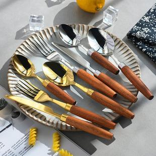 家用铁板烧牛扒刀料理餐具定制 木柄刀叉勺不锈钢西餐牛排刀叉套装