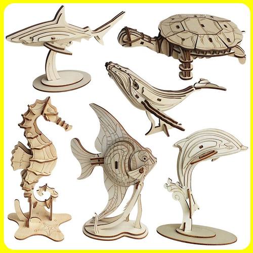 直销木制3D立体海洋世界拼图儿童新款手工拼装动物模型