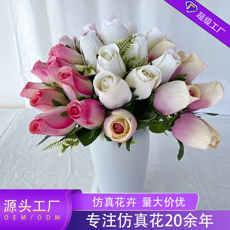 绒布9头小玫蕾仿真婚庆装饰家居摆件玫瑰花束客厅软装人造花假花