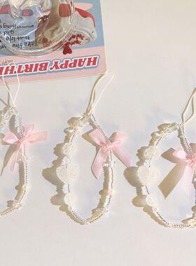 韩系ins粉色蝴蝶结爱心手提链串珠链条轻奢手机挂绳少女心ccd相机