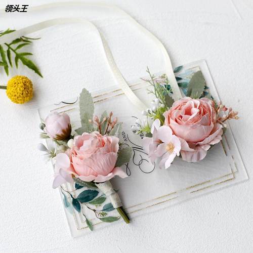 婚庆新娘伴娘结婚手腕花 新郎伴郎胸花仿真茶玫包装礼品花饰6色