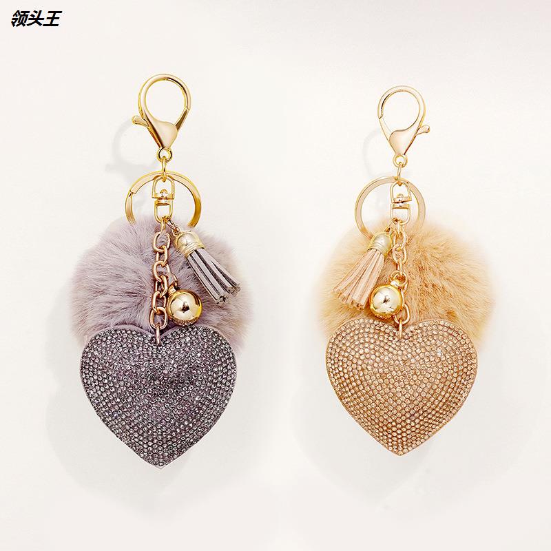 新款韩国绒镶钻爱心流苏钥匙扣挂件包包汽车挂饰桃心送女生小礼品