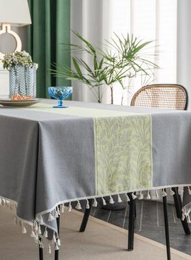INS全涤提花灰色树叶流苏长方茶几餐桌布盖巾花边定制