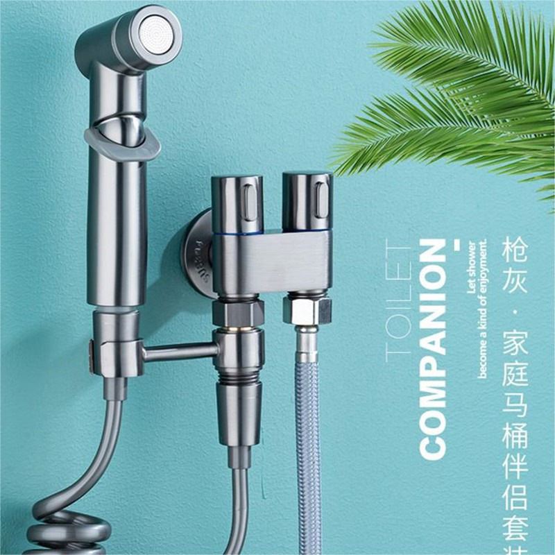 外贸家用浴室止水双控角阀铜喷枪三角阀套装一进二出全铜水龙头