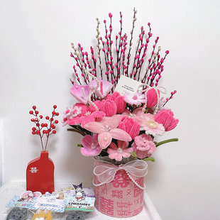 喜字抱抱桶伴手礼喜结良缘布料桶婚礼鲜花束diy插花桶花艺抱抱桶