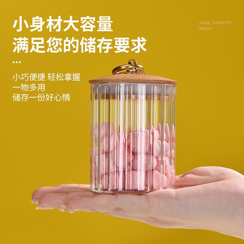 圆形竖纹玻璃储物罐铜环竹盖玻璃罐条纹零食收纳复古密封罐