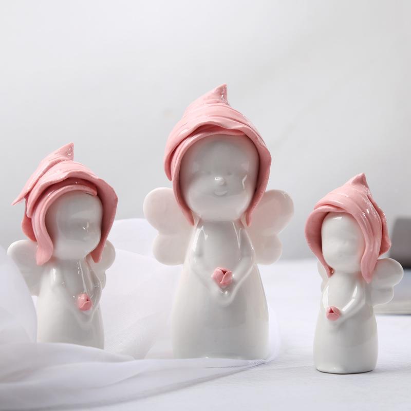 跨境新品手捏陶瓷花瓣小天使摆件桌面软装饰品摆件客厅餐厅摆件定