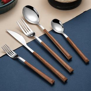 创意430不锈钢仿木柄刀叉勺 西餐牛排餐刀主餐勺餐网红餐具甜品勺