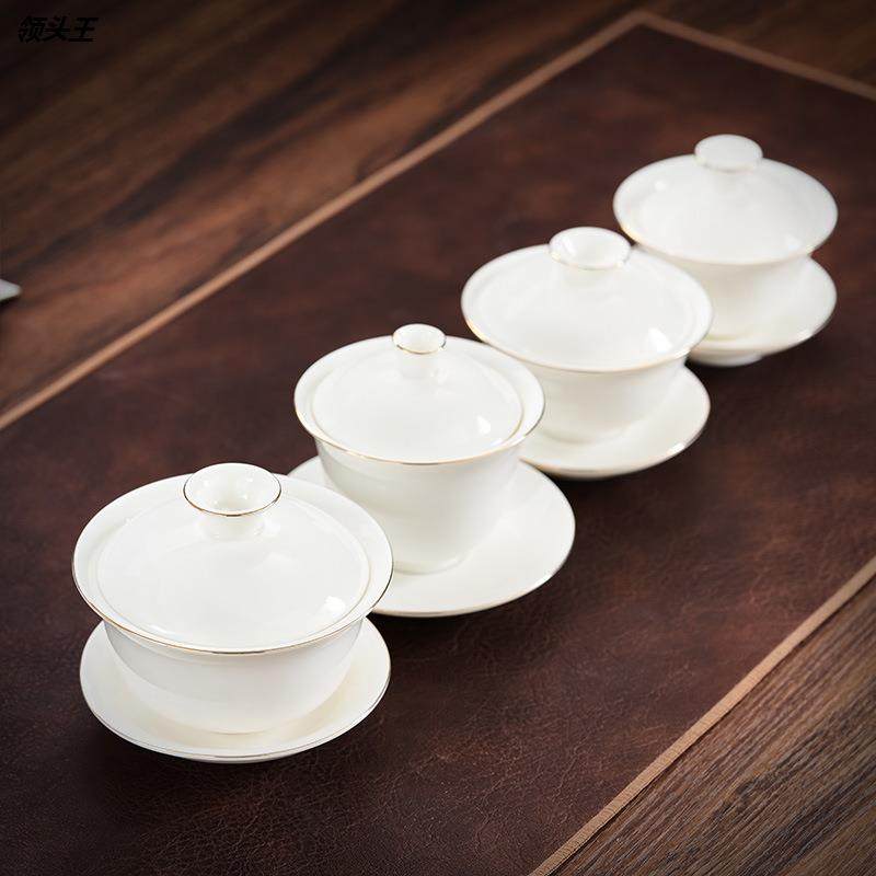 纯白陶瓷三才盖碗德化羊脂玉瓷功夫茶具茶碗象牙白茶室 logo定制