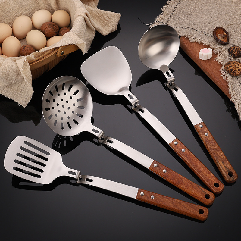 锅铲不锈钢铲勺套装防烫木质锅铲厨具套装汤勺漏勺厨房平漏铲