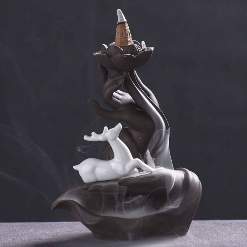 紫砂莲花佛手倒流香炉创意白色小鹿佛手塔香炉家居工艺品摆件