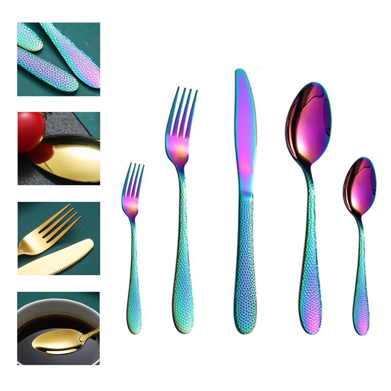 不锈钢餐具蛇皮锤纹手柄五件套 西餐牛排刀叉勺甜品勺叉套装定制