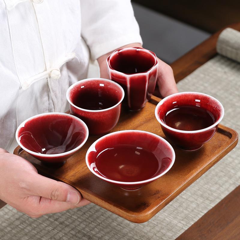 大号柴烧郎红釉功夫茶杯家用红色陶瓷品茗杯主人杯窑变斗笠茶杯定