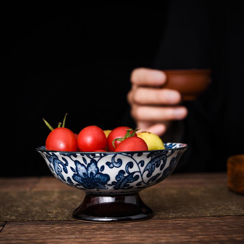 青花复古陶瓷高足茶点盘中式高脚碗点心干果碟糕点甜品碗供盘果盘