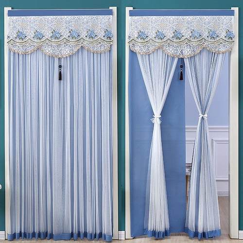 免打孔布艺防蚊门帘双层隐私帘网红纱帘卧室蕾丝门帘隔断帘挂式定