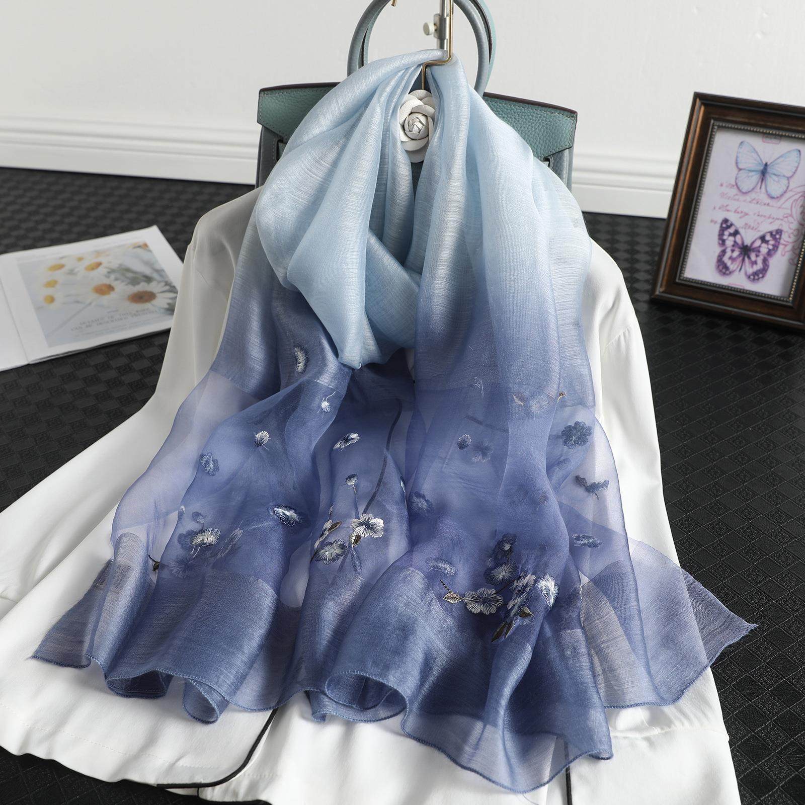 新款春秋羊毛真丝丝巾女 绣花渐变围巾时尚防晒披肩女定制