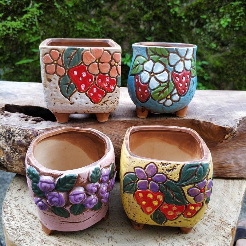 多肉花盆韩式手绘浮雕粗陶透气个性工艺陶瓷多肉植物拇指迷你盆栽