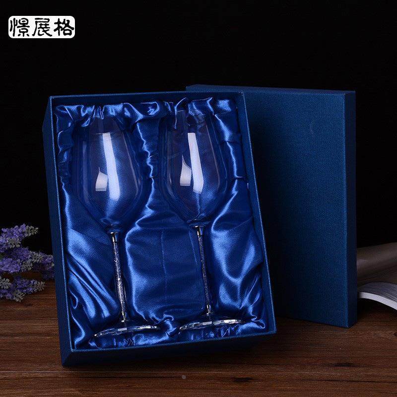 欧式玻璃红酒杯 大号透明高脚杯钻石杯柄两只装礼盒婚礼定制