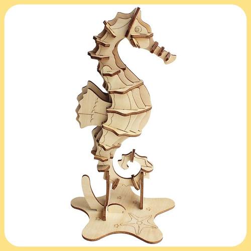 海马 木制3d立体拼图儿童手工课diy玩具木质仿真动物模型创意摆件