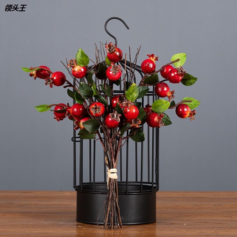 美式乡村山楂果红色把束石榴果假玫瑰果花束仿真花装饰摆设插花