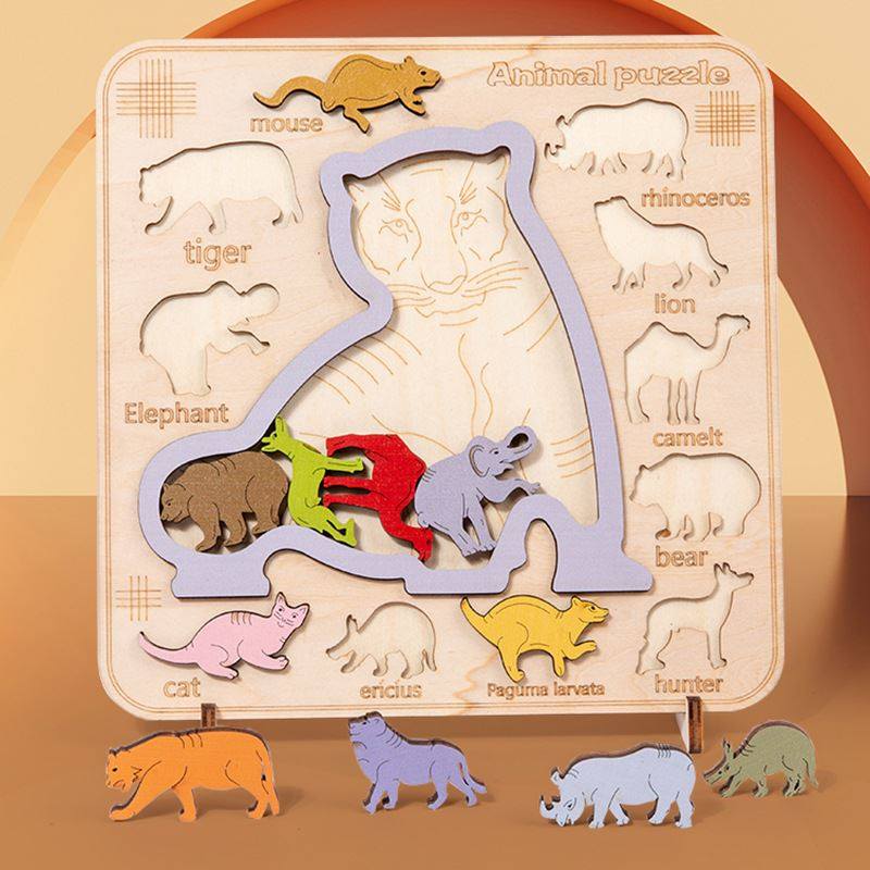 儿童木制动物恐龙烧脑配对立体拼图早教认知积木拼板益智玩具
