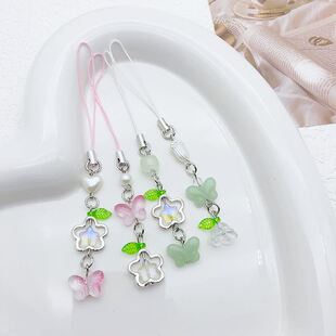 原创中式琉璃蝴蝶清透串珠短链小清新手机链包包AirPods挂件百搭