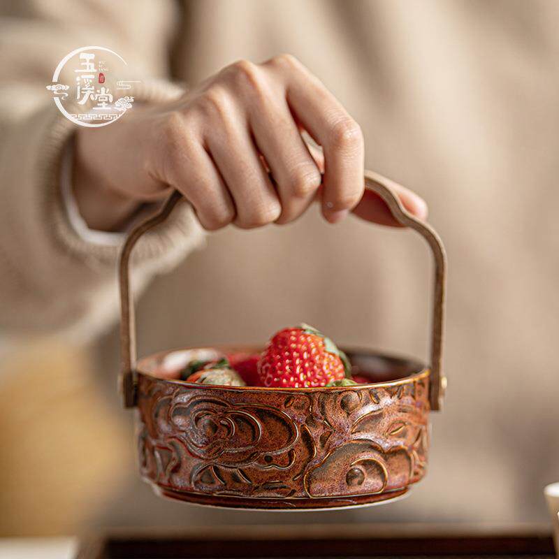 陶瓷复古手提果盘家用零食糖果盒精致高端轻奢坚果水果篮点心盘子