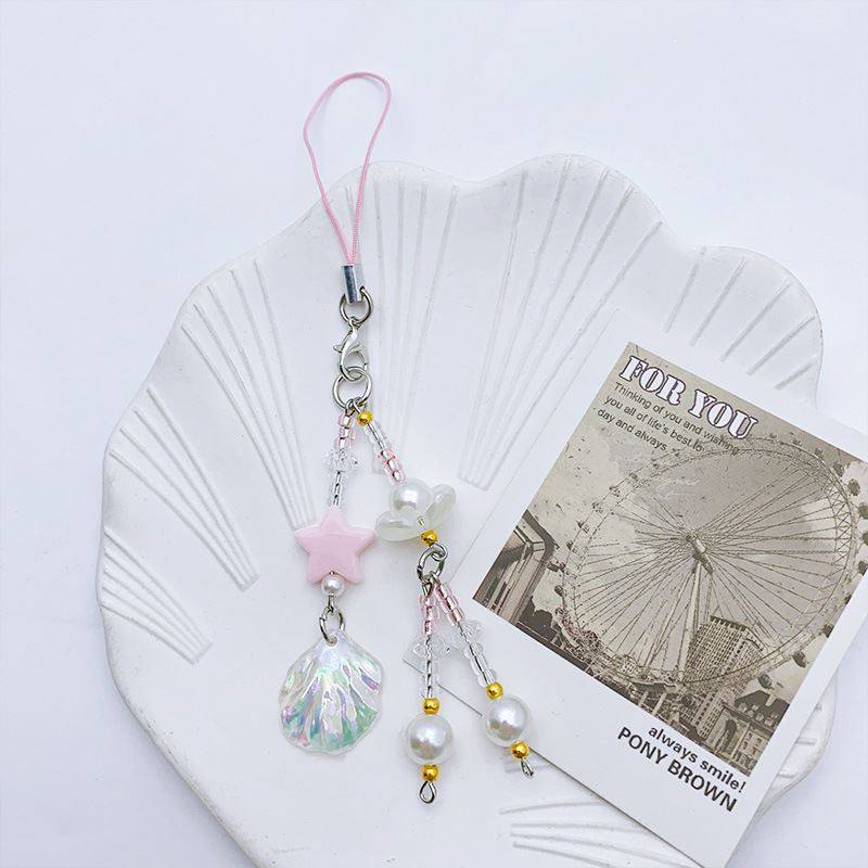 原创日韩系甜美清新镭射贝壳串珠手机链百搭包包钥匙挂件咕卡链批