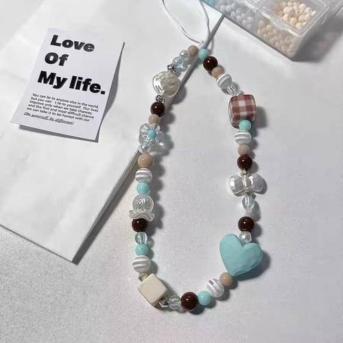 自制ins风薄荷奶咖撞色串珠手机链条ccd挂绳高级可爱百搭手提便携