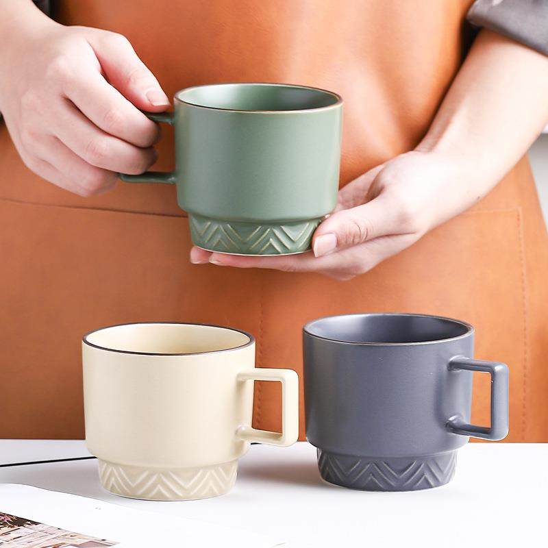 陶瓷马克杯 法式菱格色釉小清新早餐杯咖啡牛奶情侣水杯子定制