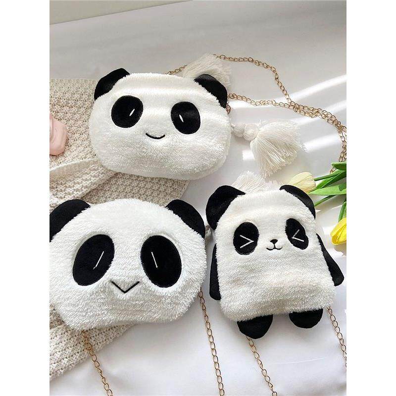 2025秋冬新款毛绒熊猫儿童包韩版可爱少女单肩斜挎包链条零钱包女