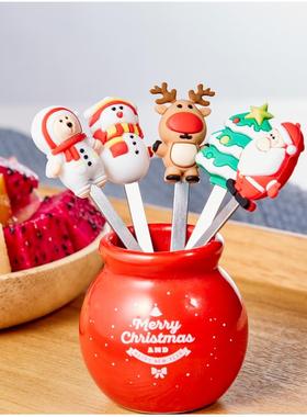 LNL-030圣诞陶瓷水果叉创意卡通硅胶水果蛋糕签不锈钢叉子套装定