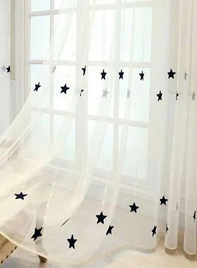 绍兴柯桥北欧风格五角星刺绣花纱帘白色百搭窗纱客厅卧室阳台飘窗