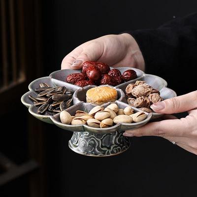 德化陶瓷复古祥云高脚茶点盘客厅点心坚果干果零食盘供佛果盘分格