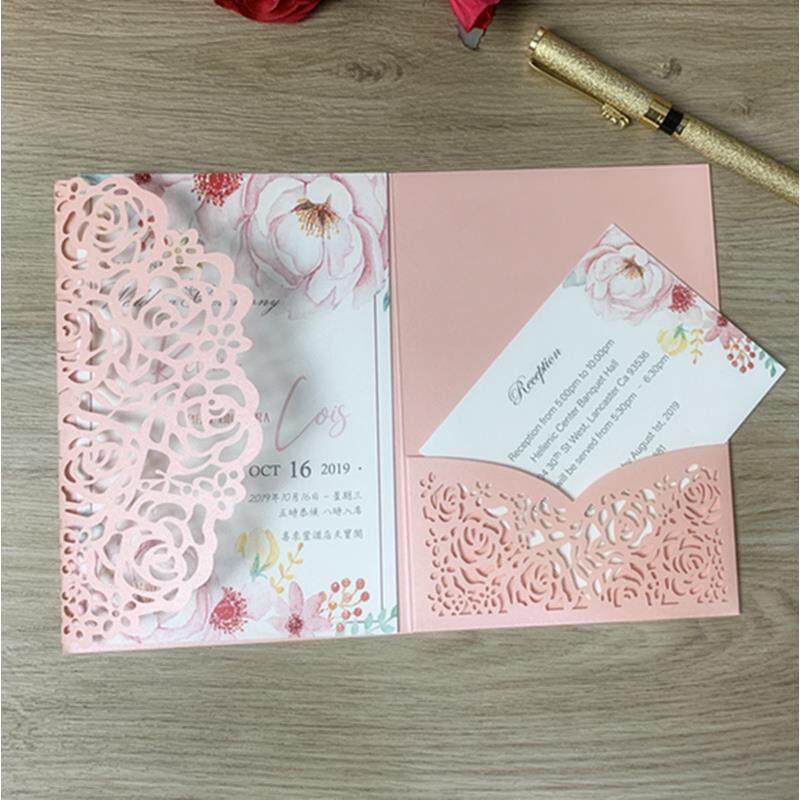 粉红玫瑰花三折镂空唯美喜帖 邀请函 节日贺卡 打印烫金制作