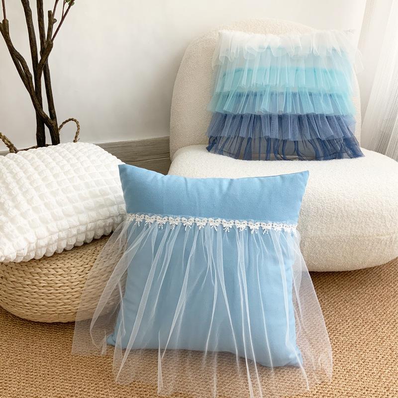 Ins风蝴蝶网纱蕾丝蓝色抱枕 日韩公主少女靠垫沙发卧室装饰靠枕含