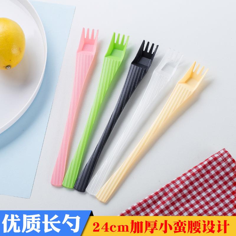 直供加厚塑料一次性勺子 24cm长柄搅拌水果叉一次性叉勺定制