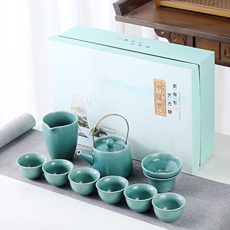 哥窑开片功夫茶具套装可养冰裂纹提梁壶茶杯泡茶商务伴手礼品logo