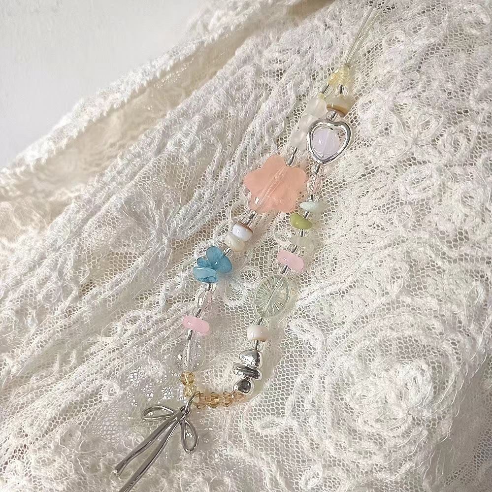 藕粉星星银蝴蝶结吊坠手机链diy串珠挂链ccd相机挂饰咕卡咕本链女