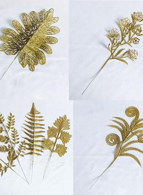 直供圣诞金粉叶片节庆装饰假树叶仿真植物金葱粉树枝金色叶子定制