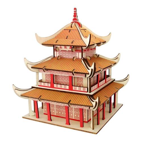 激光切割成人立体木制拼图 儿童木制仿真岳阳楼手工拼装玩具模型