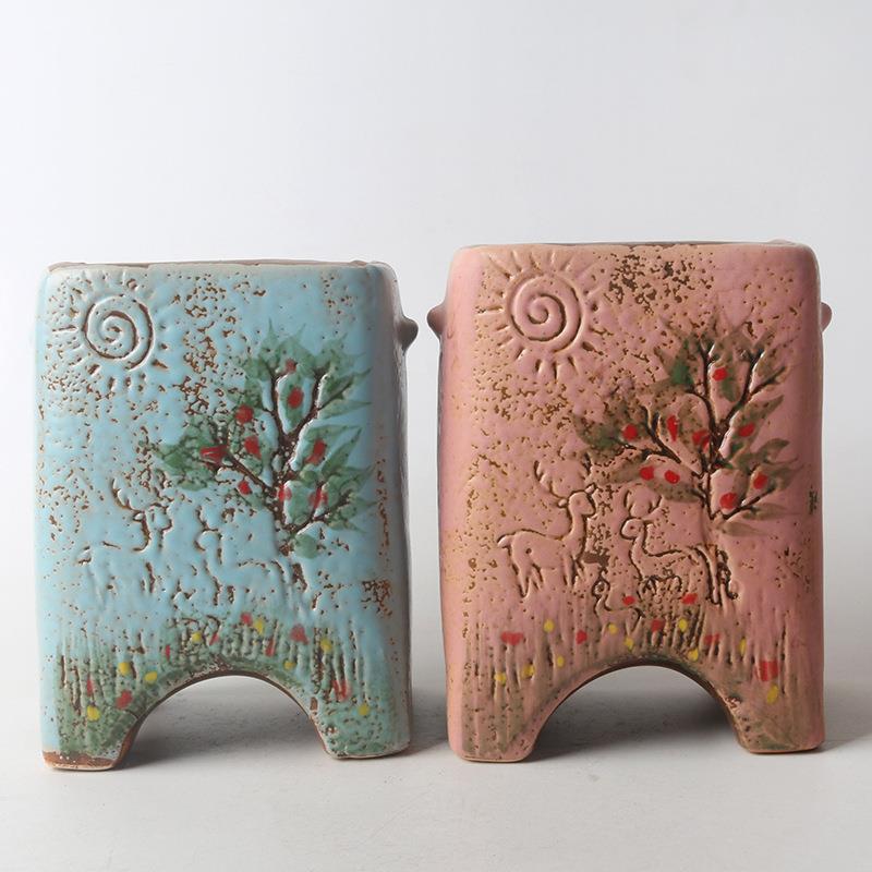 简约多肉植物花盆太阳小鹿陶瓷花盆 卡通韩式手绘树木花盆